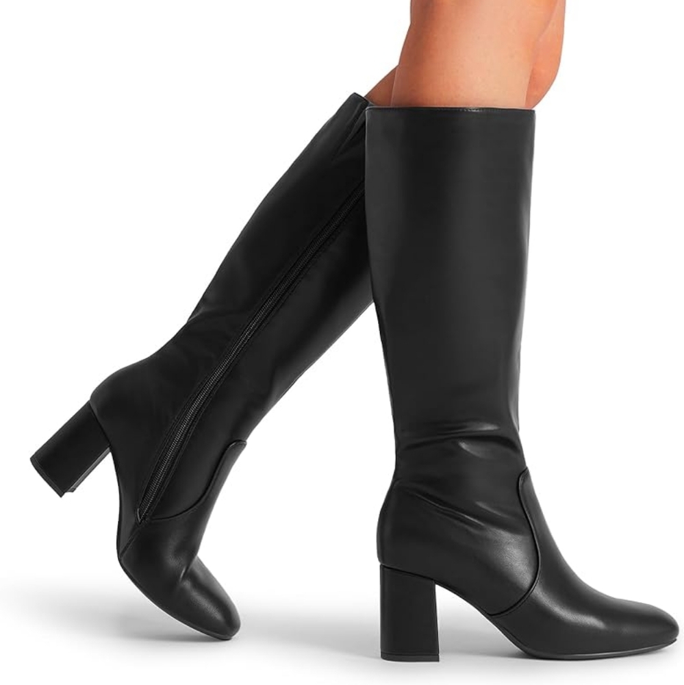 DREAM PAIRS Women's Gogo Boots Square Toe Side Zipper Chunky Heel Knee High Boot
